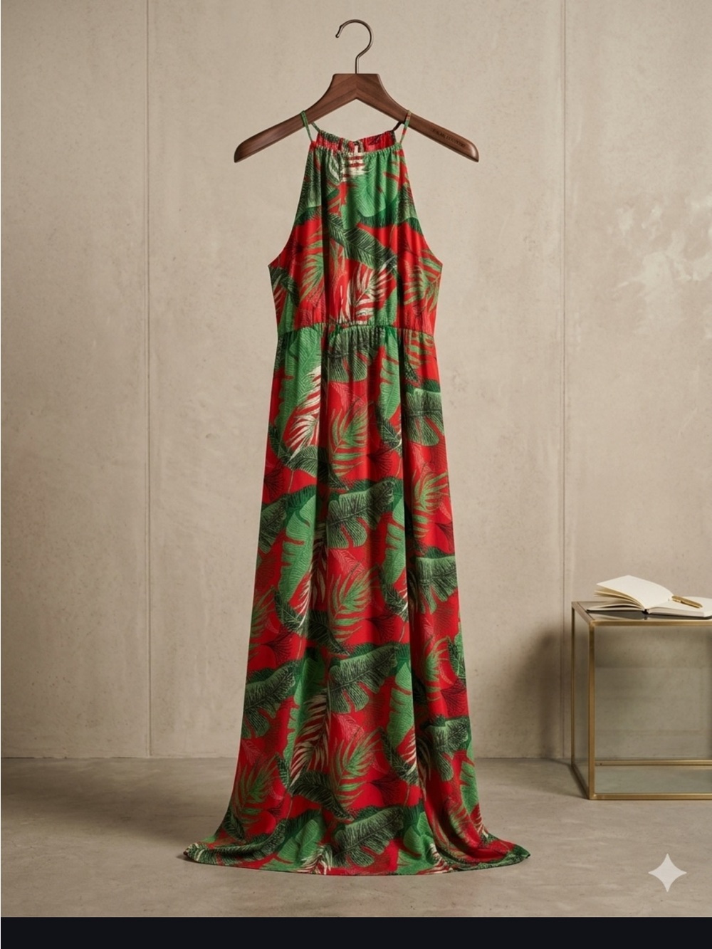 SHEIN Red & Green Tropical Halter Maxi Dress